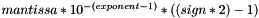 $ mantissa * 10^{-(exponent - 1)} * ((sign * 2) - 1)$